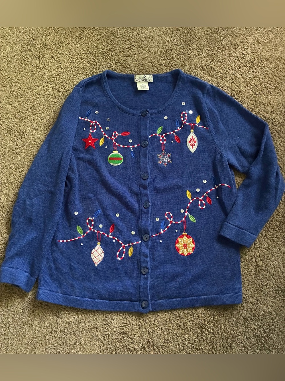 Vintage Nouveaux Embroidered Christmas Ornament Cardigan Sweater Women’s XL Blue